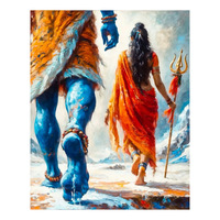 Peinture à l'huile classique faite à la main sur toile, portrait du dieu hindou Shiva et de sa déesse Parvati, mythologie indienne, art mural spirituel encadré pour salon