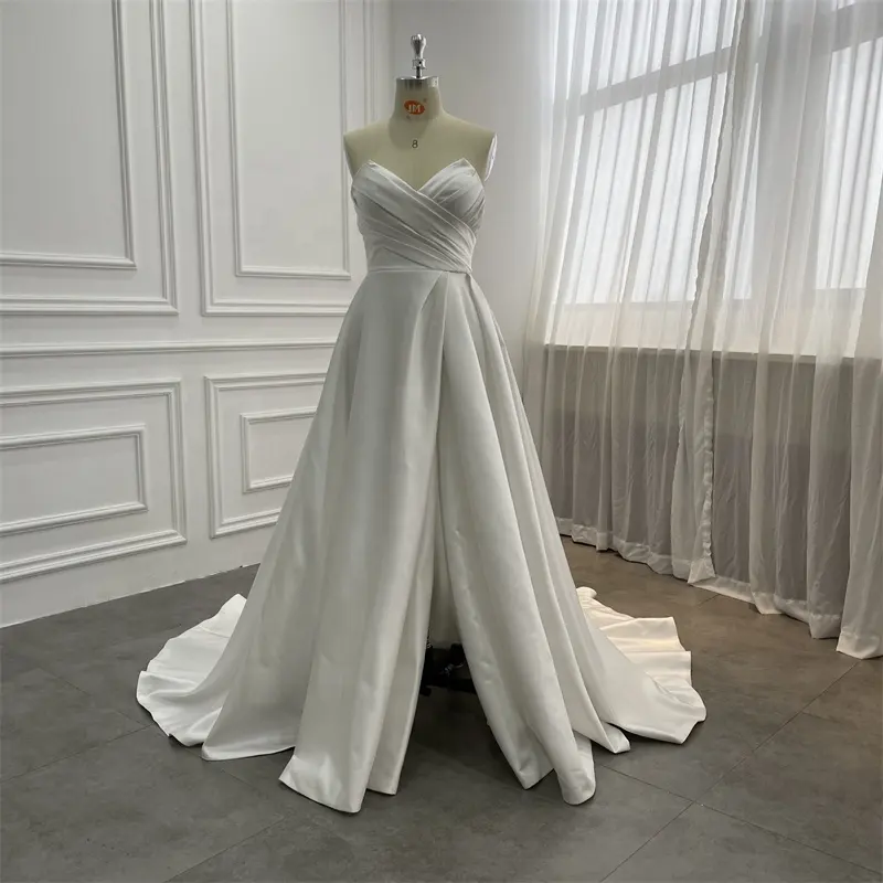 High Quality Satin Made Sexy Sweetheart Neckline A Line Wedding Dresses With High Split Side