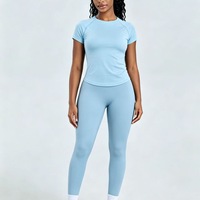 Ensemble de yoga et fitness sans couture pour femme, 2 pièces, T-shirt et leggings, tenue de sport anti-transpiration, effet push-up fessier DF