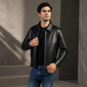 Chaqueta de Motociclista para Hombre, de Cuero de Oveja Negro, Impermeable, con Cuello Camisero, Cierre de Cremallera, Corte Ajustado, Manga Regular, para Invierno - Product Image 1