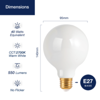 Ampoule LED G95 à filament blanc laiteux personnalisable, 5,5W, culot E27 standard, 2700K blanc chaud, pour café et restaurant, directement de l'usine