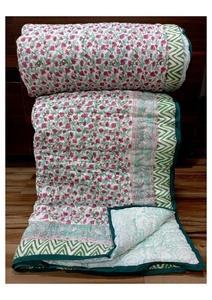 Boho Style Hand Block Printed Cotton <b>Quilt</b> Double <b>Bed</b> Floral Design Handmade All Season Home Use India Made - Product Image 1