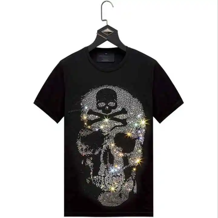 OEM/ODM Stylish branded t shirts custom men rhinestone transfer t-shirt custom logo skull print rhinestone tshirt for men