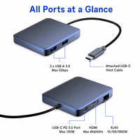 Base de Conexión USB-C 5 en 1 con HDMI 4K+60Hz, Ethernet Gigabit, PD de 100W, 2x USB 3.0, Carcasa de Aluminio