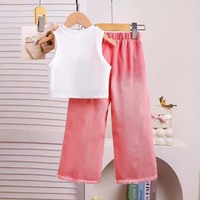 Ensemble deux pièces d'été pour filles : Blouse sans manches style européen avec nœud appliqué et short en jean déchiré