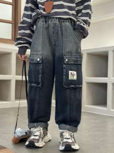 Pantalones cargo de mezclilla holgados para niños con múltiples bolsillos - Product Image 3