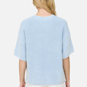 Suéter Feminino Cropped de Tricô com Gola Redonda e Manga Curta, Costura Exposta e Textura Waffle - Product Image 6