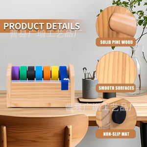Wooden Tape Cutter With Colorful Rolls <b>Desktop</b> Organizer For Craft And Office Use - Product Image 3