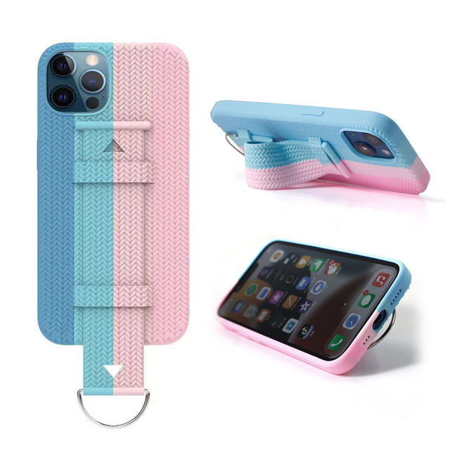 Newest Woven Pattern Liquid Silicon Shockproof Anti-Scratch Phone Case with Cord Buckle for 14 13 Pro Max Rainbow