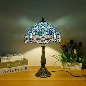 Lampe de bureau Tiffany en verre coloré de 12 pouces, style moderne, or luxueux, libellule vintage, pour la maison ou le bureau - Product Image 1