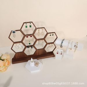 Creative Wooden Jewelry Display Rack Hexagonal Earring Necklace <b>Organizer</b> Solid Wood <b>Desktop</b> Storage Stand Retro Color 5 Layers - Product Image 3