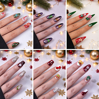 Ongles à presser personnalisés avec logo de Noël, longs, en forme d'amande, rouge, vert, pailletés, acryliques, couvrance totale, marque privée, vente en gros