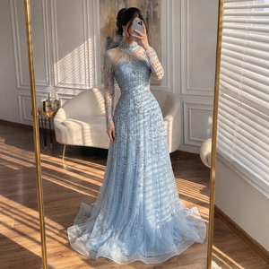 ชุดราตรีหรูหราประดับด้วยลูกปัดทรงเอไลน์ แขนยาว คอสูง <span class=keywords><strong>สี</strong></span><span class=keywords><strong>ฟ้า</strong></span> รุ่น Serene Hill LA72704 สำหรับงานปาร์ตี้ที่ดูไบ เหมาะสำหรับผู้หญิง พร้อมส่ง - Product Image 2