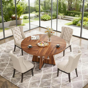 Oe Home 47-Inch Modern Round Dining <b>Table</b> with Marble Top Wood Legs Eco-Friendly & Durable 6-Seater for Living Room Furniture - Product Image 2