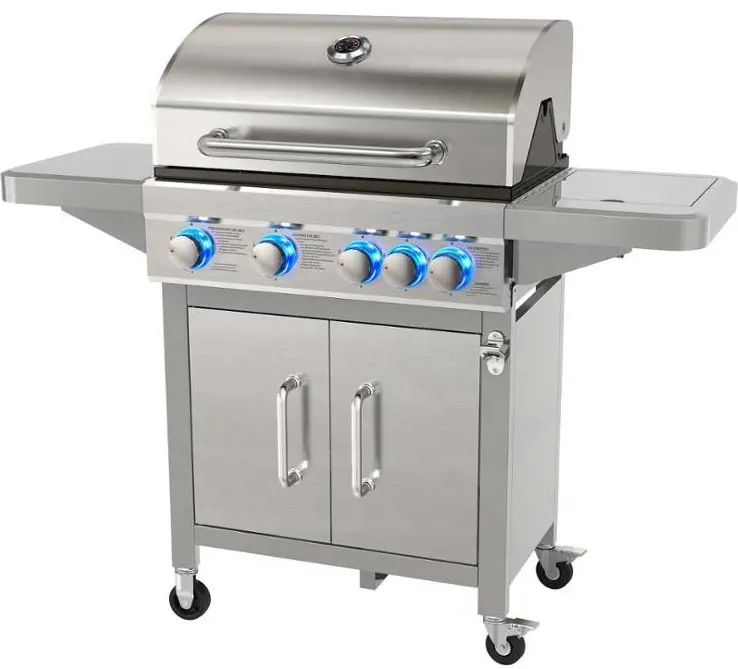 4 Burner Gas Grill with Side Burner with LED for Outdoor Steel PROPANE Folding Trolley BBQ Factory Directly Supply Gas Griddle