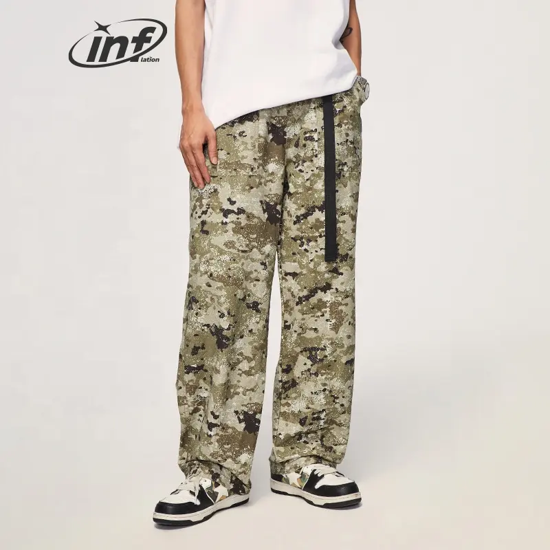 INFLATION Camouflage Wide Pants Belt High Streetwear Forest Camo Wide leg Cargo pants trouser