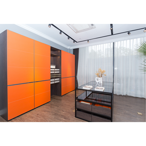 Custodie per clienti reali Skyline 2024 in stile moderno <span class=keywords><strong>armadio</strong></span> laccato <span class=keywords><strong>arancione</strong></span> e armadi con porte in vetro e vetrine - Product Image 1