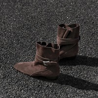 Bottes courtes décontractées pour femmes en faux daim à bout pointu et talon carré bas avec bride, vente en gros
