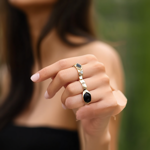 Fashion <b>Rings</b> Gold Plated 316L Stainless Steel Black And White Stone <b>Adjustable</b> <b>Ring</b> For Women - Product Image 3