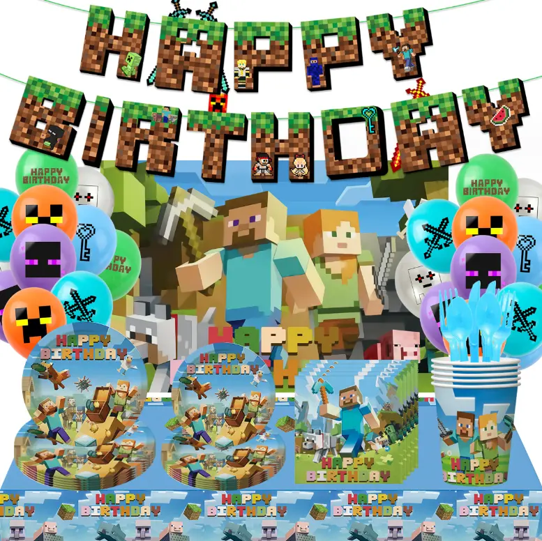 Penambang kerajinan pesta ulang tahun balon dekorasi Video dunia Pixel permainan balon spanduk kue Topper kartun permainan pesta dekorasi