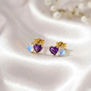 Boucles d'oreilles minimalistes en forme de cœur en pierre de lune arc-en-ciel et améthyste, en argent sterling 925 ou plaqué or 18 carats, pierres précieuses naturelles - Product Image 3