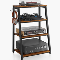 Support multimédia trapézoïdal à 4 niveaux en bois et métal avec crochets, étagère de rangement pour disques vinyles, étagère pour console de jeux pour la maison, le salon