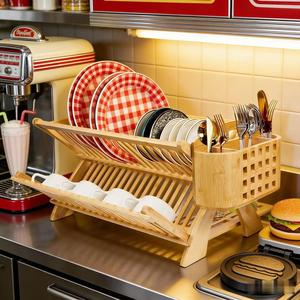 GL Grande Capacité X Forme Logo Personnalisé Détachable Lumière Simple Cuisine <span class=keywords><strong>Bambou</strong></span> Cuisine Plat Tasse Séchoir Avec Porte-Ustensiles - Product Image 1