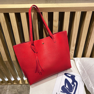 Bolso Tote de Mujer con Diseño de Lichee y Borlas Decorativas, Bolso de Compras de Gran Capacidad, Moderno, Hecho de PU - Product Image 6