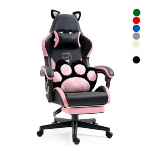 Pink <span class=keywords><strong>Kitty</strong></span> Gaming Chair Hellos Pink White Leather Home Office Mujeres Girl Cut Cat Gaming Chair Almohada lumbar Sillas con reposapiés - Product Image 1