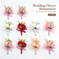 Boutonniere Mawar Artificial Real Touch dengan Daun Campuran yang Terlihat Segar, Kit Corsage Ikat Tangan untuk Pengantin Pria, Pendamping Pengantin, Upacara Pernikahan