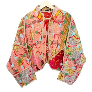 Indian Handmade Women's Vintage 100% Cotton Eco-Friendly Reversible <b>Jacket</b> <b>Mandarin</b> <b>Collar</b> Beautiful Kantha Patchwork - Product Image 1
