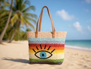 Borsa Tote in Paglia da Donna, Stile Estivo, Casual da Spiaggia, con Stampa a Righe e Design a Occhio, Grande Capacità, Apertura Superiore, Due Manici - Product Image 2