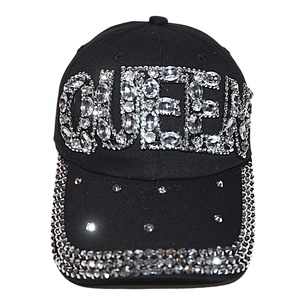 Black Letter Queen Custom Logo 5-Panel Sporty <b>Baseball</b> <b>Cap</b> with Shiny Rhinestone Bling Jeans Wash Denim Light - Product Image 3