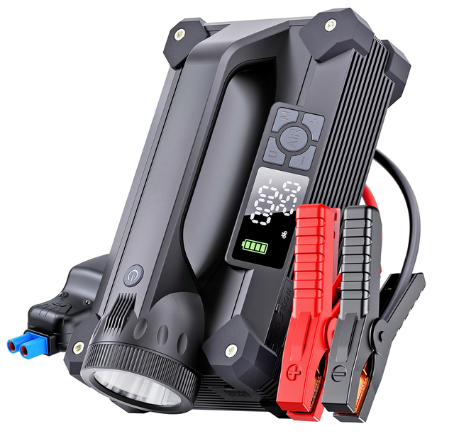 Portable Jump Starter with Air Compressor. Digital LCD Display, Jumper Cable, LED Flash Light 2000LM and 300LM Campiing Light