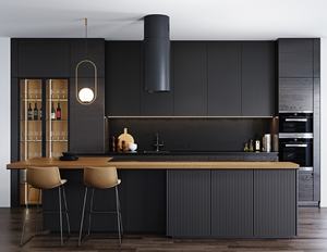 Furnitur rumah mewah lapisan kayu kenari Modular warna hitam Matt pintu kaca lemari dapur desain Modern - Product Image 2