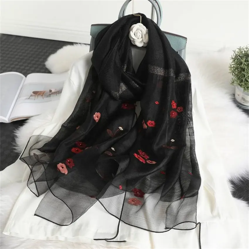 High Quality China Manufacturer Modish New Ladys Hijab Shawls Tie Dye Color Embroidered Wholesale Flowers Wool Silk Scarves