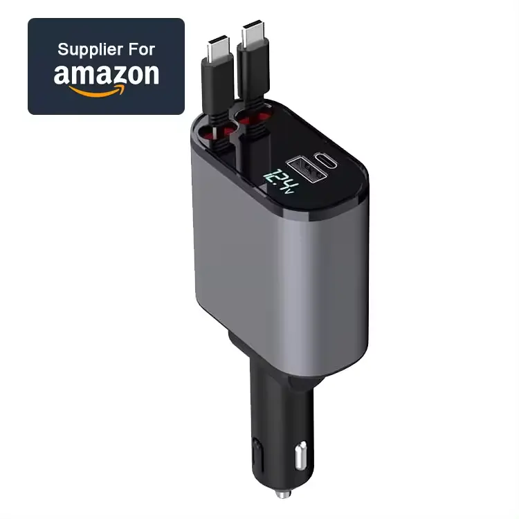 2024 Amazon Venta caliente 4 en 1 cargador de coche tipo C USB con luz Led para teléfono celular portátil llevar