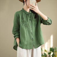 Blus Wanita Bordir Katun Linen Warna Hijau Zaitun Musim Gugur 2026, Kerah Bulat Kancing Kontras, Model Longgar Ukuran Besar