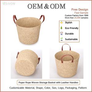 <span class=keywords><strong>Panier</strong></span> de rangement en papier beige naturel avec poignées en cuir, <span class=keywords><strong>grand</strong></span>, rond, durable, style nordique, pour la lessive, la décoration de la maison, vente en gros, personnalisable - Product Image 2