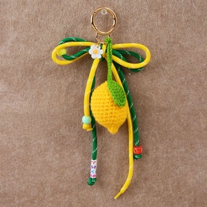 Summer New Handmade Macrame Lemon Charms Round Metal Keychain <b>Braided</b> Strap Crochet Green Leaf Keychain Girl Phone Decorations - Product Image 5