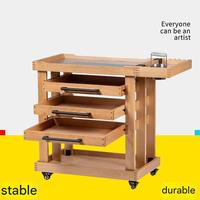 Chariot mobile professionnel HXS à cinq niveaux en bois pour fournitures d'art, avec chevalet et tabouret, finition bois naturel, installation sans outil