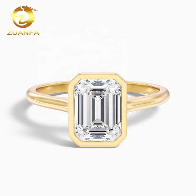VS Good Color IGI Certificated 2 Carat Emerald Cut Bezel Set Lab Grown Diamond Ring in 10k Yellow Gold