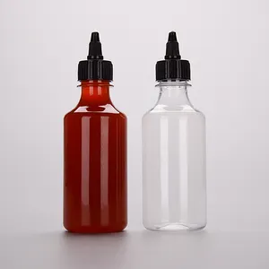 Garrafa de molho de ketchup de molho de pimenta quente vazia PET de 250ml sem BPA personalizada para condimento de plástico fácil de apertar com tampa torcida