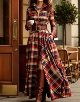Robe longue décontractée vintage pour femmes grandes tailles, à carreaux, tissée, écologique, respirante, lavable, taille naturelle, ourlet asymétrique, amincissante