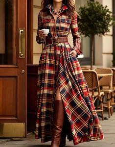 Robe midi à carreaux pour femmes grandes tailles, ourlet asymétrique, robe décontractée vintage amincissante - Product Image 6