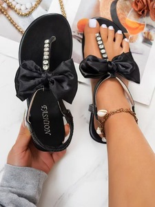 Summer Women Thong <b>Sandals</b> Bow Rhinestone Detail <b>Elastic</b> Ankle Band Flat <b>Sandals</b> For Beach Holiday Daily Outfit - Product Image 5