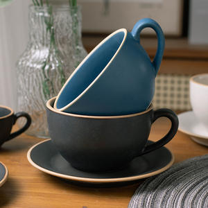 Ensemble tasse et soucoupe à café en céramique minimaliste, rond, couleur unie, avec anse, pour le thé de l'après-midi - Product Image 1
