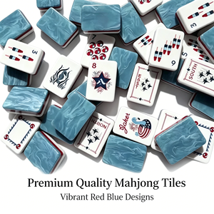 Tessere di Mahjong Blu Marmorizzate con Bordi a Strisce Rosse e Bianche, Effetto Fuochi d'Artificio, Dipinte a Mano in Acrilico, Set Americano per 4 Giocatori, Intrattenimento - Product Image 1