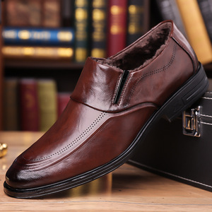 Chaussures habillées en cuir pour hommes, à bout pointu, à enfiler, doublées de fourrure, semelle en caoutchouc, pour l'automne, mariage, affaires, style Oxford - Product Image 1