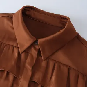 Custom Fashion Long Sleeve Solid Color Hidden Button Ruffle Tops Ladies Brown Elegant Vintage Satin Silk Shirt Blouse Women